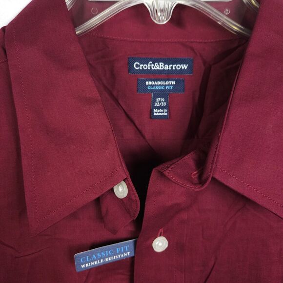 NWT Croft & Barrow Mens 17.5 32/33 Burgundy Red Classic Fit Dress Shirt - Picture 2 of 7